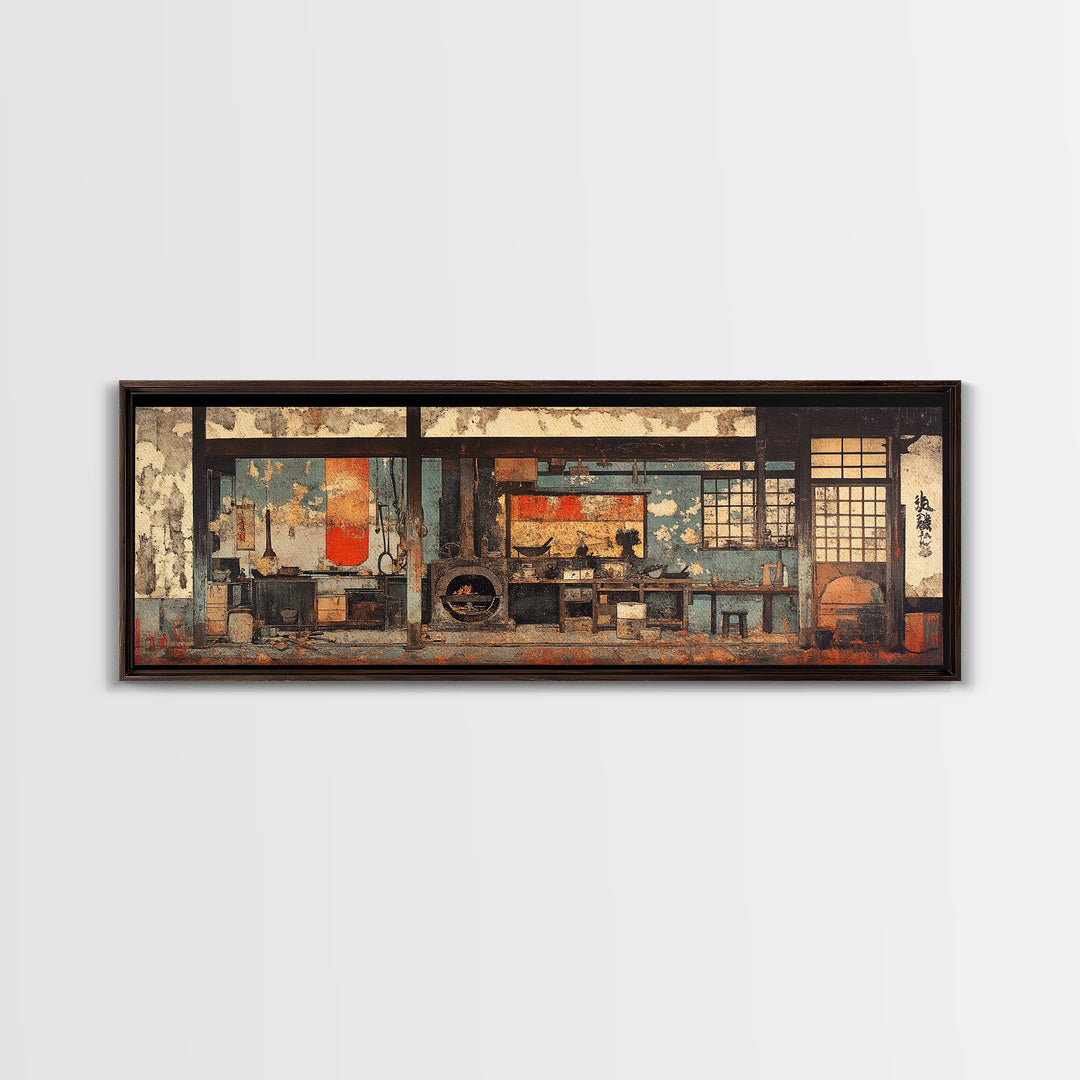 Rustic Japanese Tea House Interior Wall Art, Zen Kitchen Decor Print, Wabi Sabi Home Decor, Framed Canvas Print, Japandi Living Room Decor