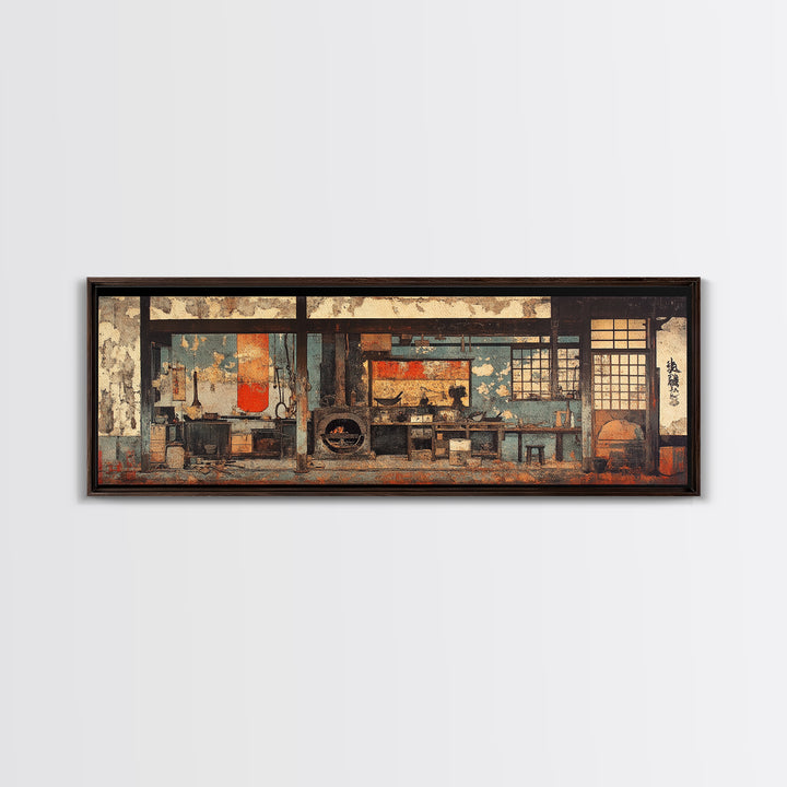 Rustic Japanese Tea House Interior Wall Art, Zen Kitchen Decor Print, Wabi Sabi Home Decor, Framed Canvas Print, Japandi Living Room Decor