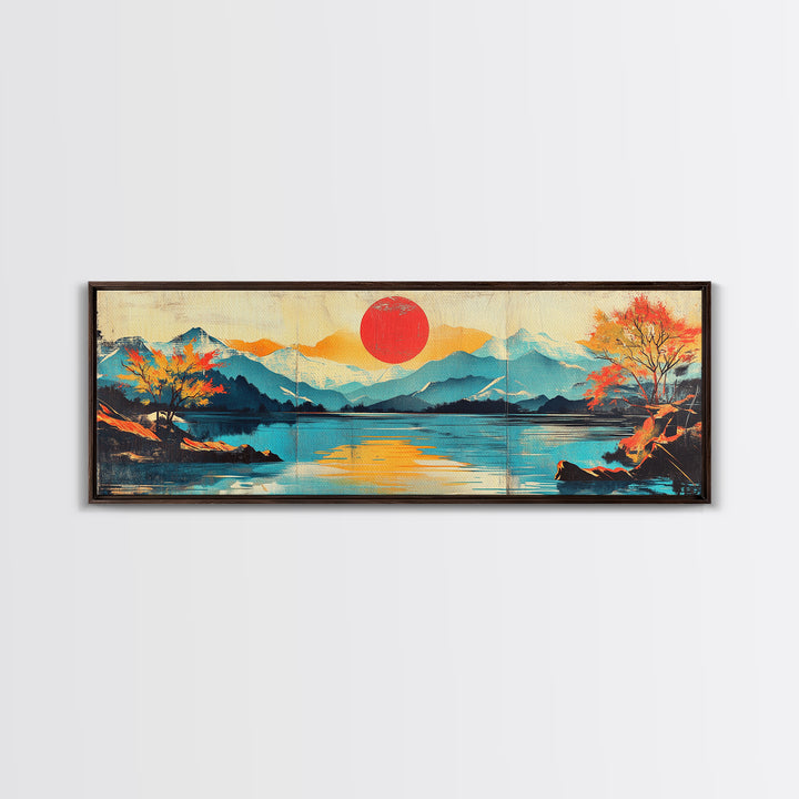 Red Sun Over Mountain Lake Framed Canvas Print, Japanese Landscape Wall Art, Autumn Nature Decor, Large Panoramic Print, Housewarming Gift