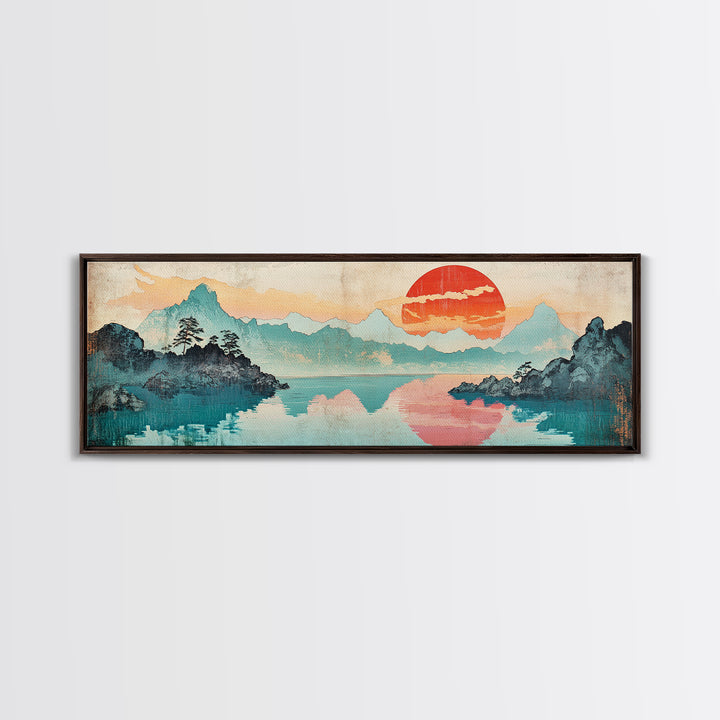 Coral Sun Over Teal Mountain Lake Wall Art, Japanese Landscape Print, Coastal Japandi Decor, Serene Bedroom Wall Art Print