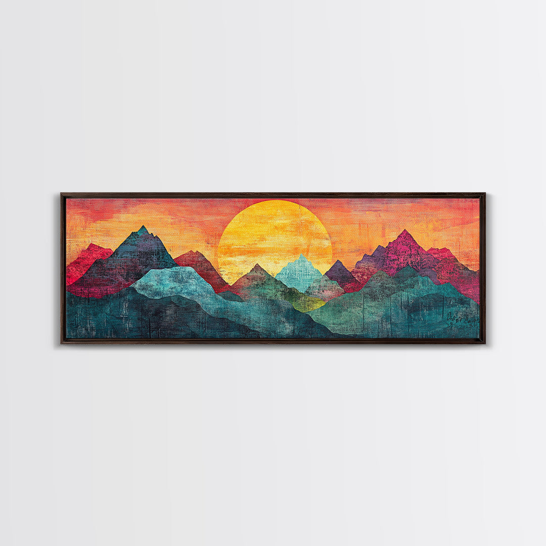 Geometric Mountain Sunrise With Teal And Magenta Peaks Wall Art, Mid Century Modern Canvas Print, Colorful Landscape Decor