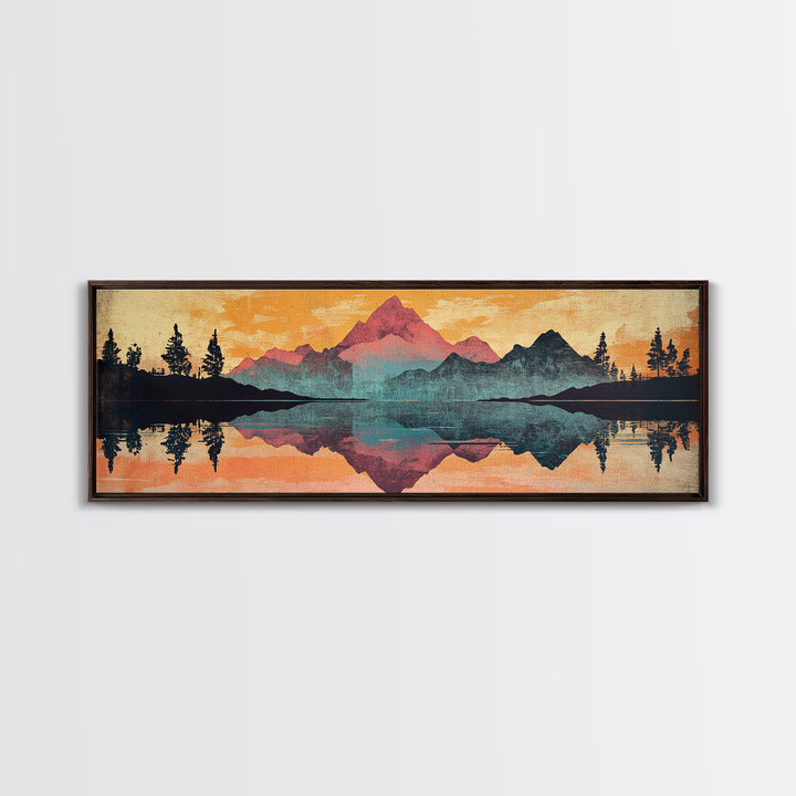 Mountain Lake Reflection With Pine Forest Sunset Wall Art, Framed Canvas Print, Nature Landscape, Rustic Cabin Decor, Lake House