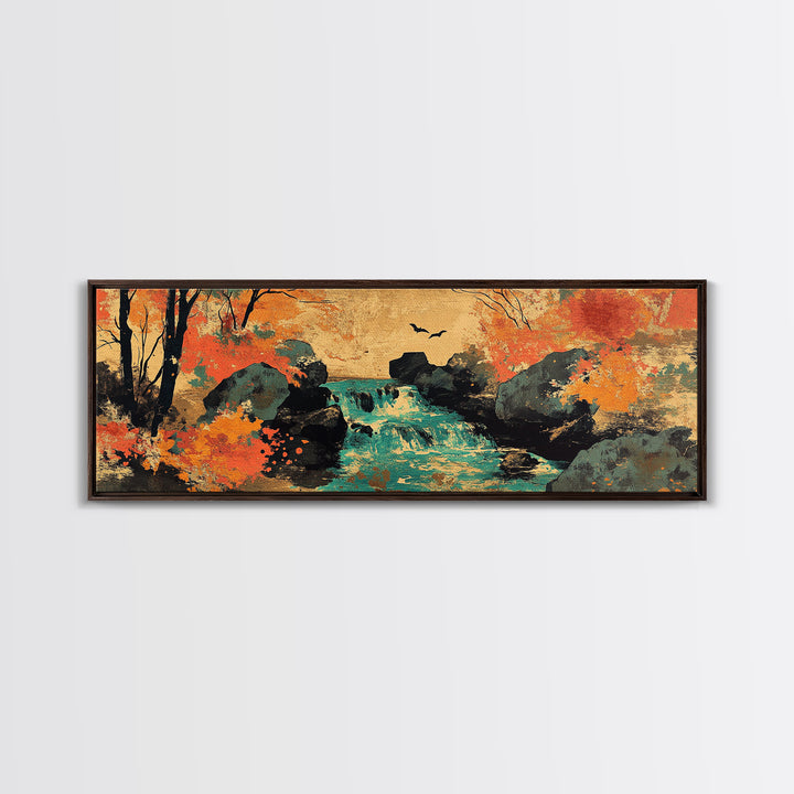 Autumn Forest Stream With Waterfall And Birds Wall Art, Framed Canvas Print, Rustic Landscape Art, Cozy Cabin Decor, Nature
