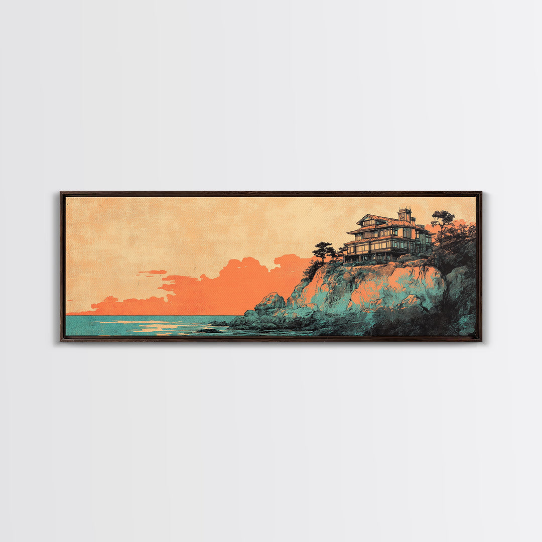 Japanese Cliffside House At Sunset Wall Art, Panoramic Canvas Print, Coastal Decor, Asian Inspired Living Room Decor Art Print