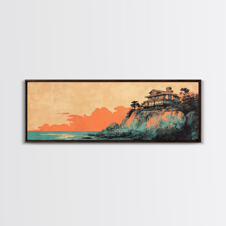 Japanese Cliffside House At Sunset Wall Art, Panoramic Canvas Print, Coastal Decor, Asian Inspired Living Room Decor Art Print