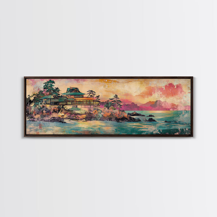 Japanese Palace On Turquoise Coast Wall Art, Panoramic Canvas Print, Asian Landscape Art For Japandi Living Room Decor Print