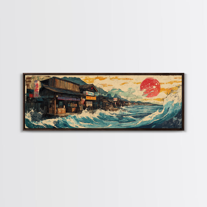 Japanese Seaside Village With Red Sun Wall Art, Panoramic Canvas Print, Ocean Wave Decor, Coastal Kitchen Art Print Home Decor
