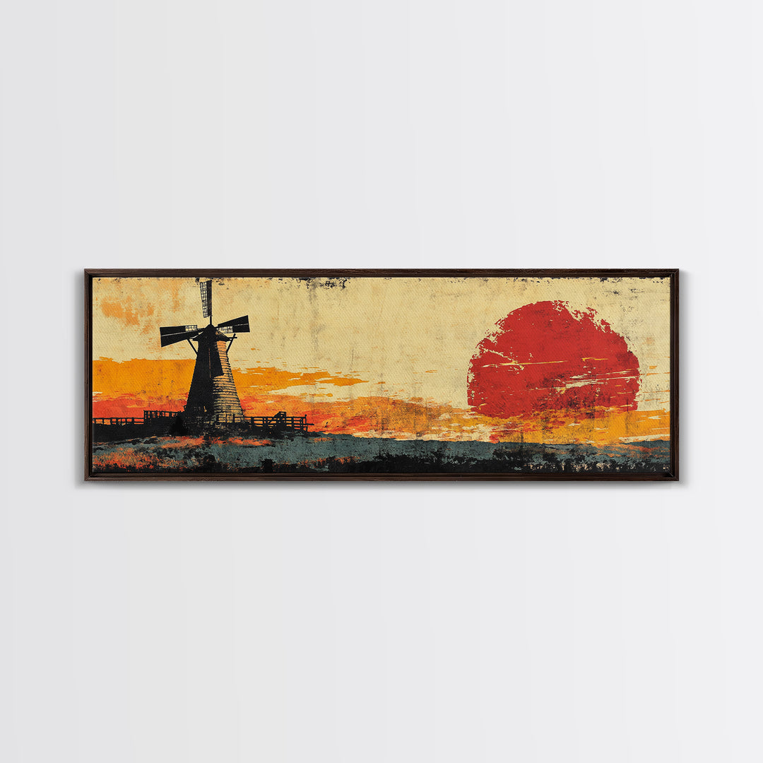 Rustic Windmill And Red Sun Landscape Wall Art, Panoramic Canvas Print, Farmhouse Decor, Western Living Room Art Home Decor