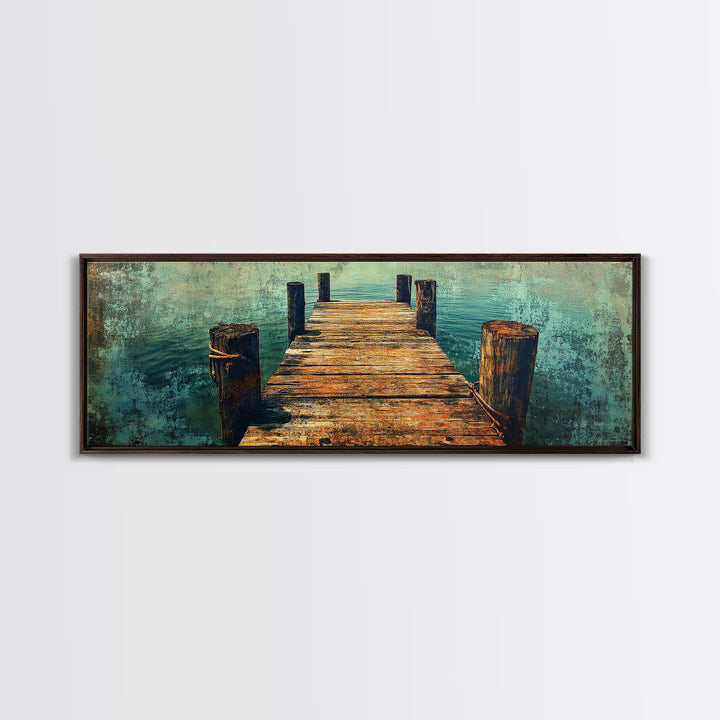 Weathered Wooden Dock Over Teal Water Wall Art, Panoramic Canvas Print, Lake House Decor, Nautical Living Room Art Coastal Decor