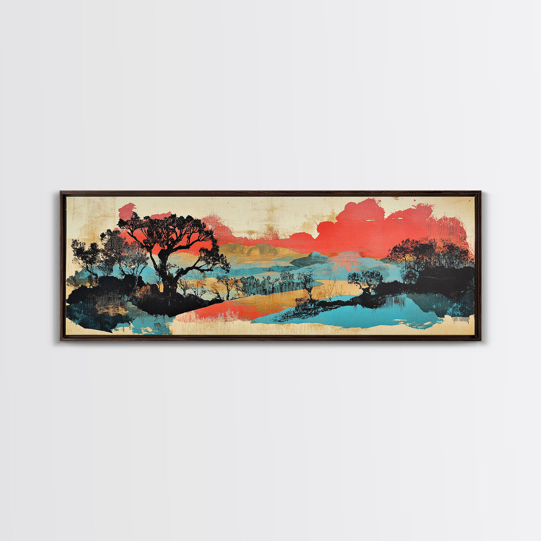 Coral Sky Abstract River Trees Wall Art, Japanese Landscape Print, Panoramic Canvas, Modern Asian Living Room Decor, Home Decor