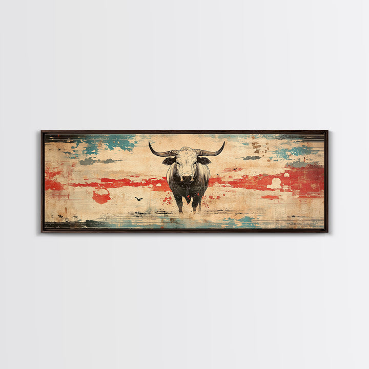 Longhorn Bull Rustic Southwest Wall Art, Western Ranch Canvas Print, Cowboy Home Decor, Desert Landscape, Gift For Him, Man Cave Decor