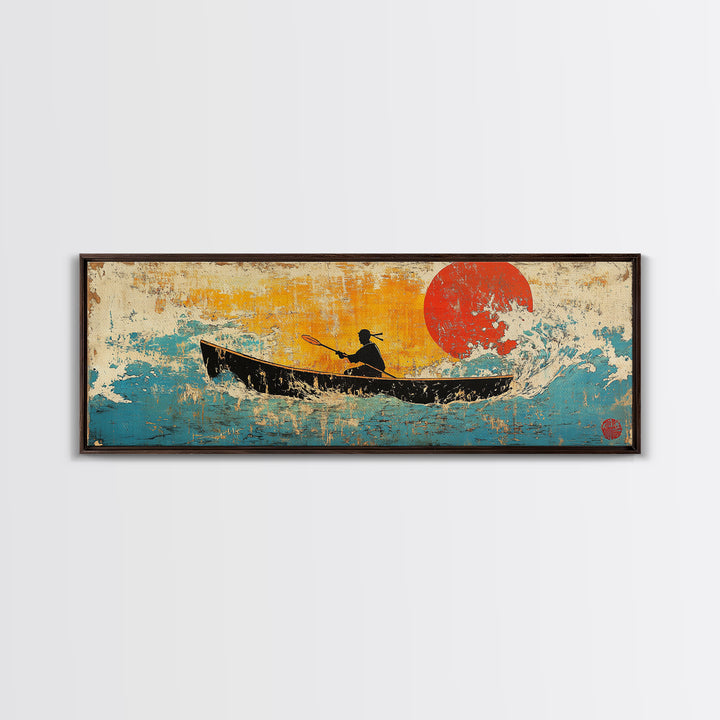 Canoe Silhouette Red Sun Canvas Print, Japanese Lake Wall Art, Retro Coastal Home Decor, Boho Living Room, Gift For Her, Art Print