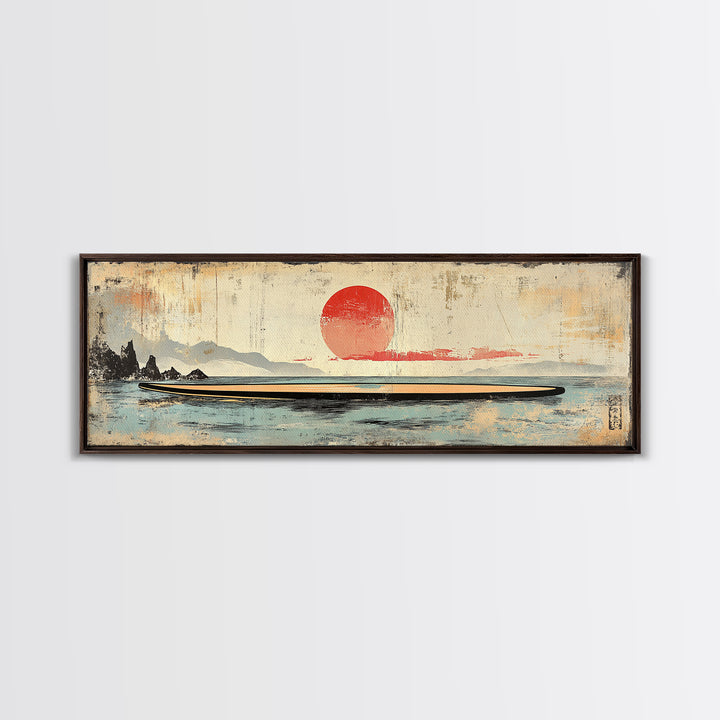 Red Sun Seascape Minimalist Wall Art, Japanese Coastal Canvas Print, Neutral Beach House Decor, Living Room Art Print, Zen Home Decor