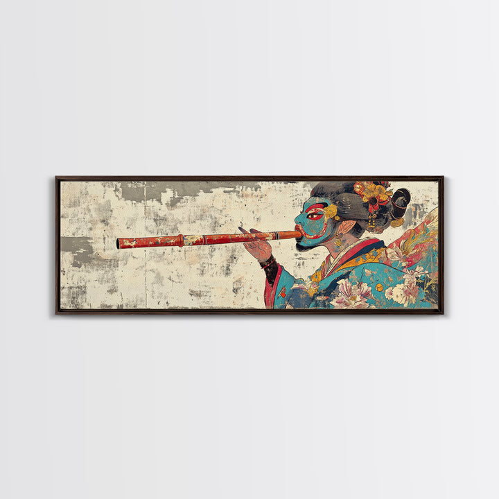 Japanese Geisha Flute Portrait Framed Canvas Print, Asian Wall Art, Kimono Woman Decor, Japandi Home Decor, Gift For Her