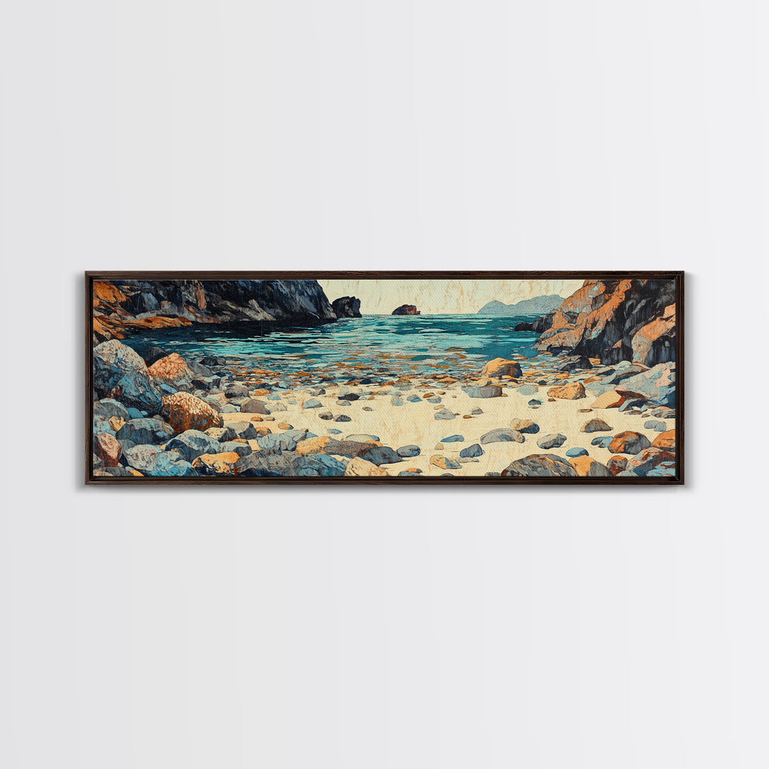 Turquoise Rocky Shore Seascape Wall Art, Coastal Canvas Print, Ocean Landscape, Beach House Decor, Large Living Room Art