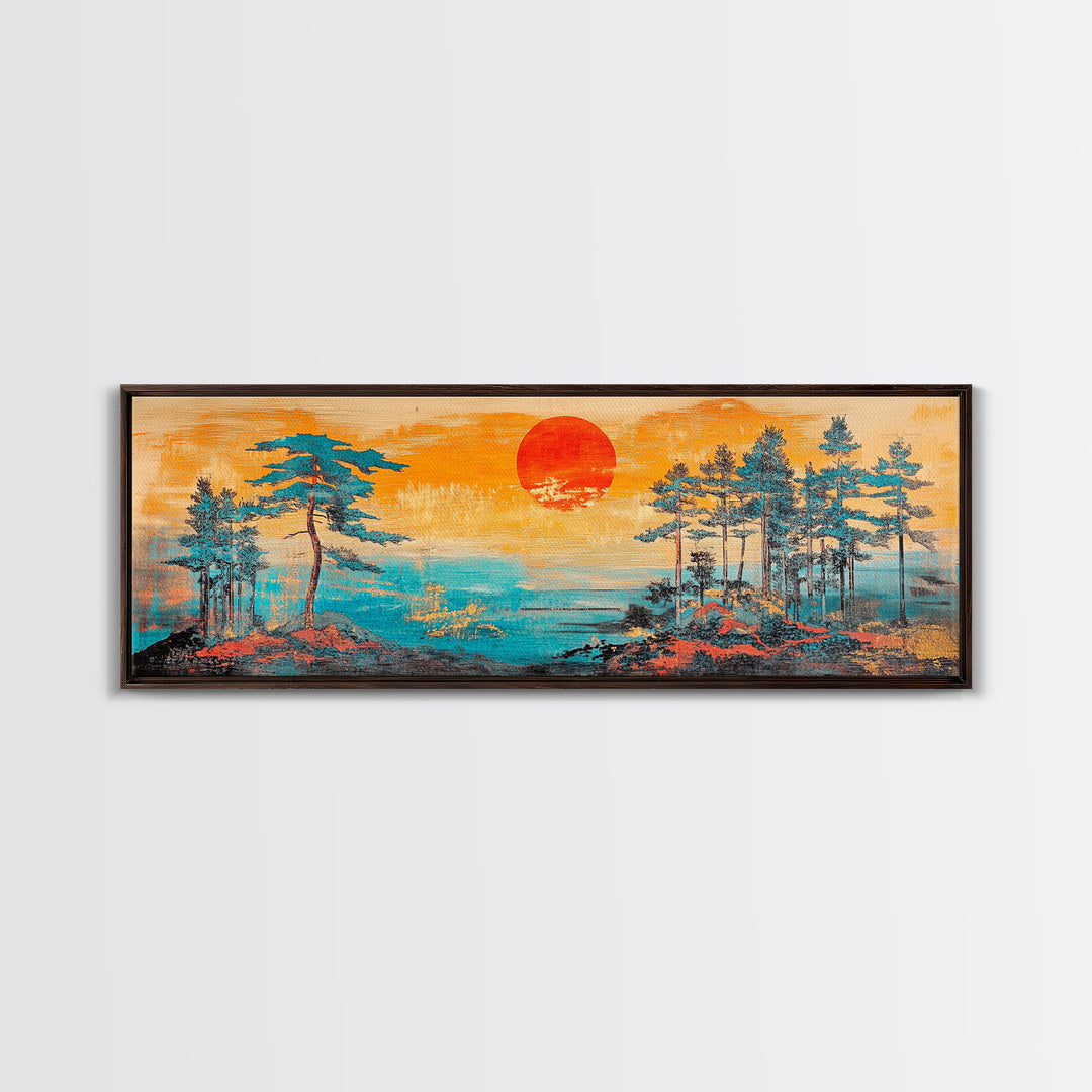 Red Sun Pine Island Wall Art, Japanese Coastal Landscape, Serene Ocean Decor, Long Horizontal Framed Canvas Print, Living Room Art