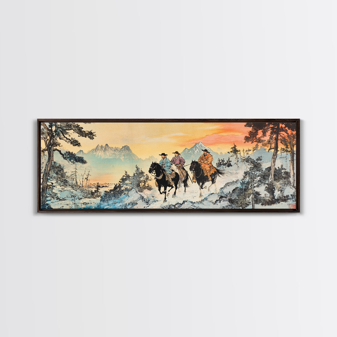 Two Cowboys Snowy Mountain Wall Art, Western Horse Landscape Painting, Rustic Cabin Decor, Large Framed Canvas Print, Gift For Him