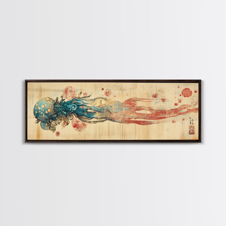 Blue Jellyfish Ocean Wall Art, Marine Life Illustration, Coastal Bathroom Decor, Nautical Framed Canvas Print, Gift For Her