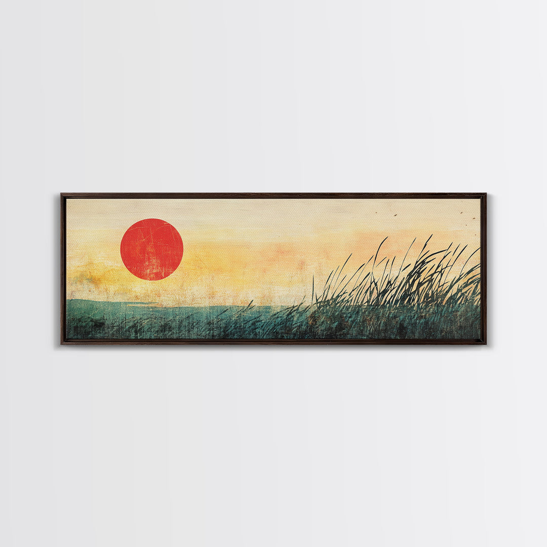 Red Sun Marsh Grass Wall Art, Minimalist Japanese Landscape Print, Zen Nature Decor, Horizontal Canvas, Calming Living Room Decor