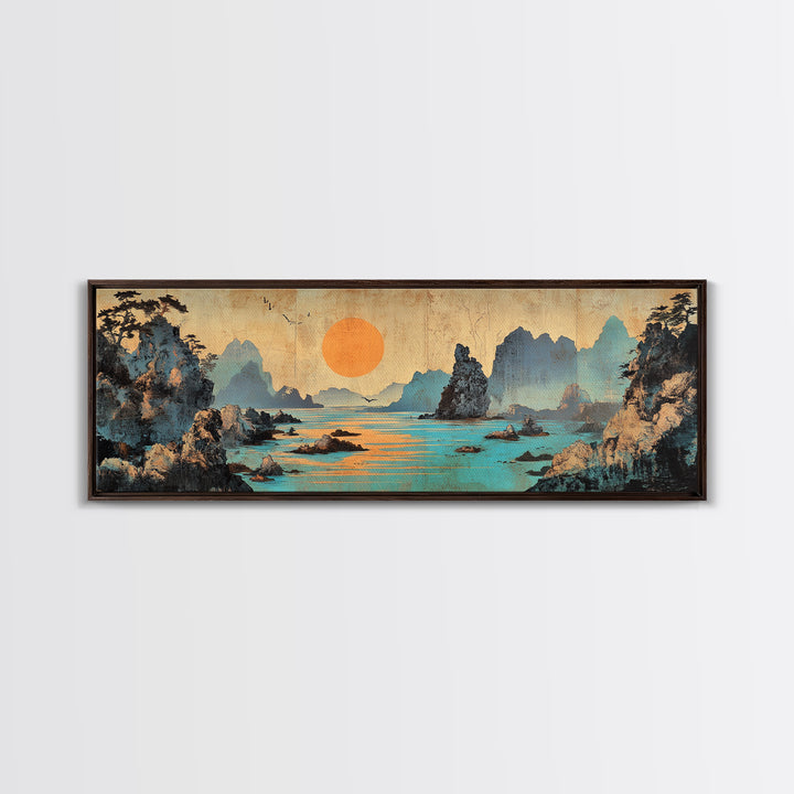 Turquoise Karst Bay Sunset Wall Art, Asian Landscape Print, Japanese Wall Decor, Zen Coastal Art, Panoramic Canvas Print