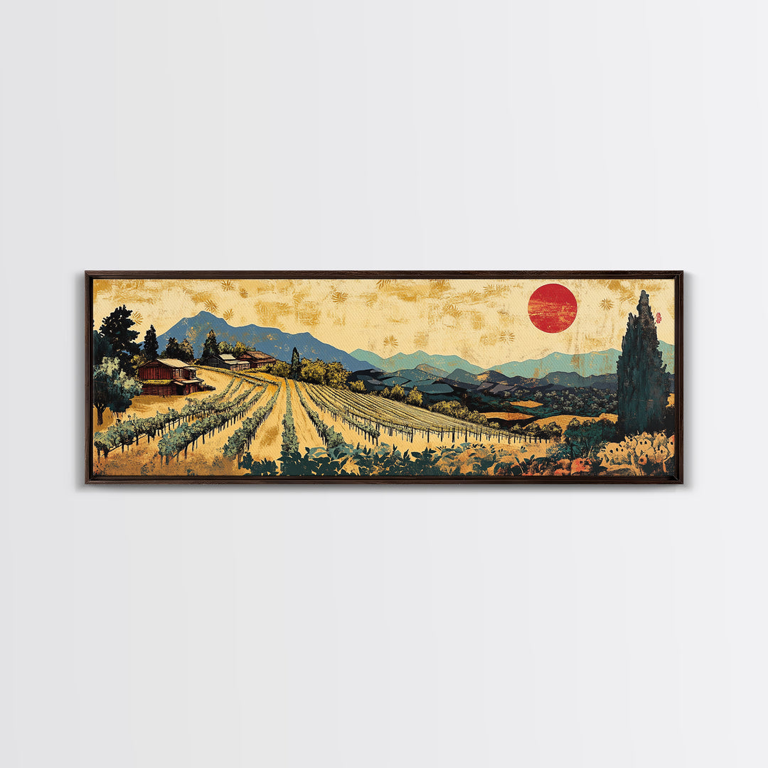 Tuscan Vineyard Rows And Red Sun Canvas Print, Wine Country Landscape Wall Art, Rustic Kitchen Decor, Housewarming Gift Idea