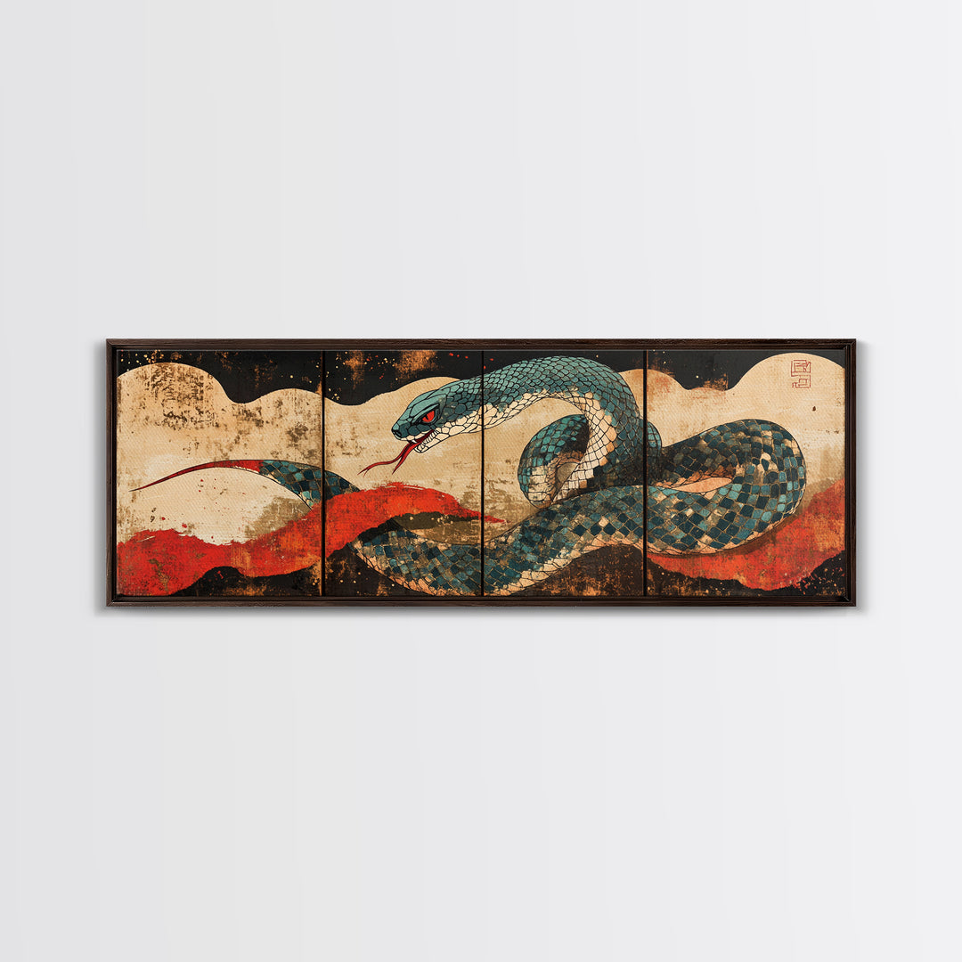 Teal Serpent With Red Sun Waves Wall Art, Japanese Snake Canvas, Ukiyo E Style, Asian Decor, Bold Wildlife Living Room Print
