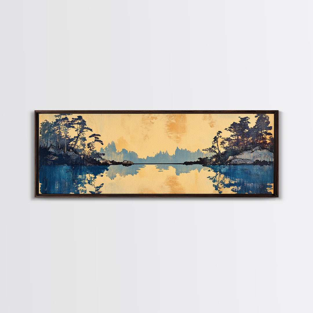 Blue Lake Pine Forest Reflections Canvas Print, Serene Nature Wall Art, Japandi Landscape Decor, Calming Living Room Print