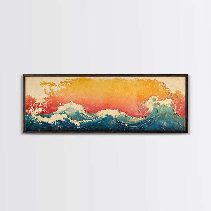 Great Wave At Golden Sunset Canvas Print, Japanese Ocean Wall Art, Hokusai Inspired Coastal Decor, Blue Living Room Print