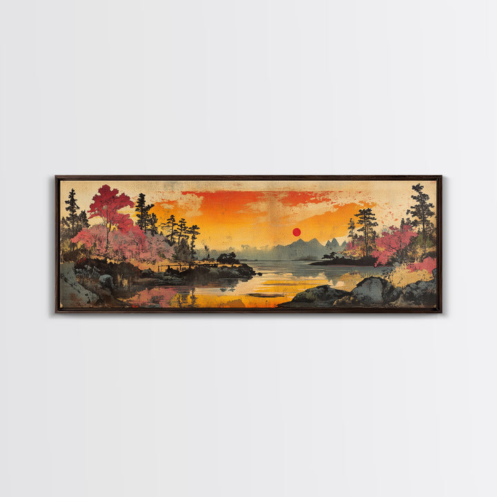Orange Sunset Lake Wall Art, Cherry Blossom Landscape Canvas Print, Japanese Nature Decor, Panoramic Living Room Art Print
