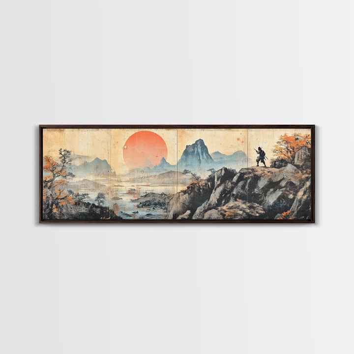 Samurai Mountain Sunset Wall Art, Japanese Landscape Triptych Canvas Print, Asian Wall Decor, Panoramic Living Room Art Print
