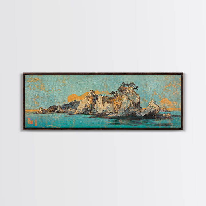 Turquoise Island Seascape With Rocky Pines, Japanese Wall Art, Coastal Landscape Print, Panoramic Canvas, Living Room Decor