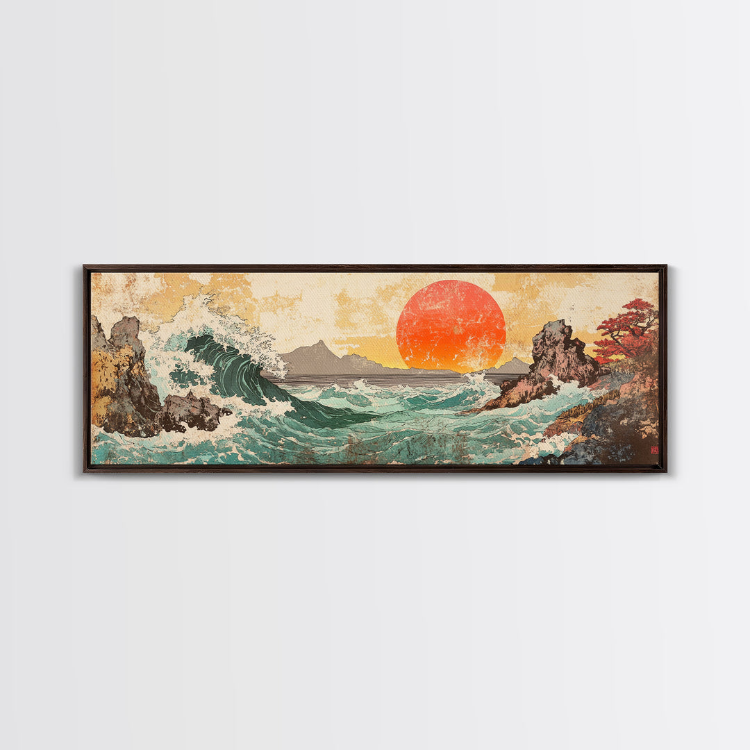 Crashing Wave And Red Sun, Japanese Wall Art, Ocean Seascape Canvas Print, Coastal Wall Decor, Large Living Room Art, Home Decor