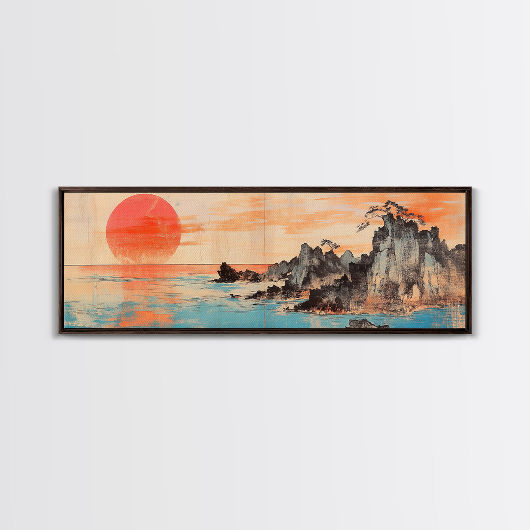 Red Sun Over Ocean Cliffs, Japanese Wall Art, Coastal Seascape Print, Panoramic Canvas, Modern Living Room Decor, Home Decor