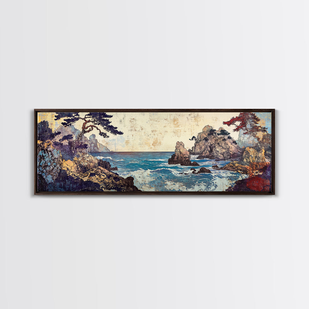 Pine Framed Rocky Cove, Japanese Wall Art, Coastal Seascape Canvas Print, Ocean Wall Decor, Panoramic Living Room Art, Home Decor