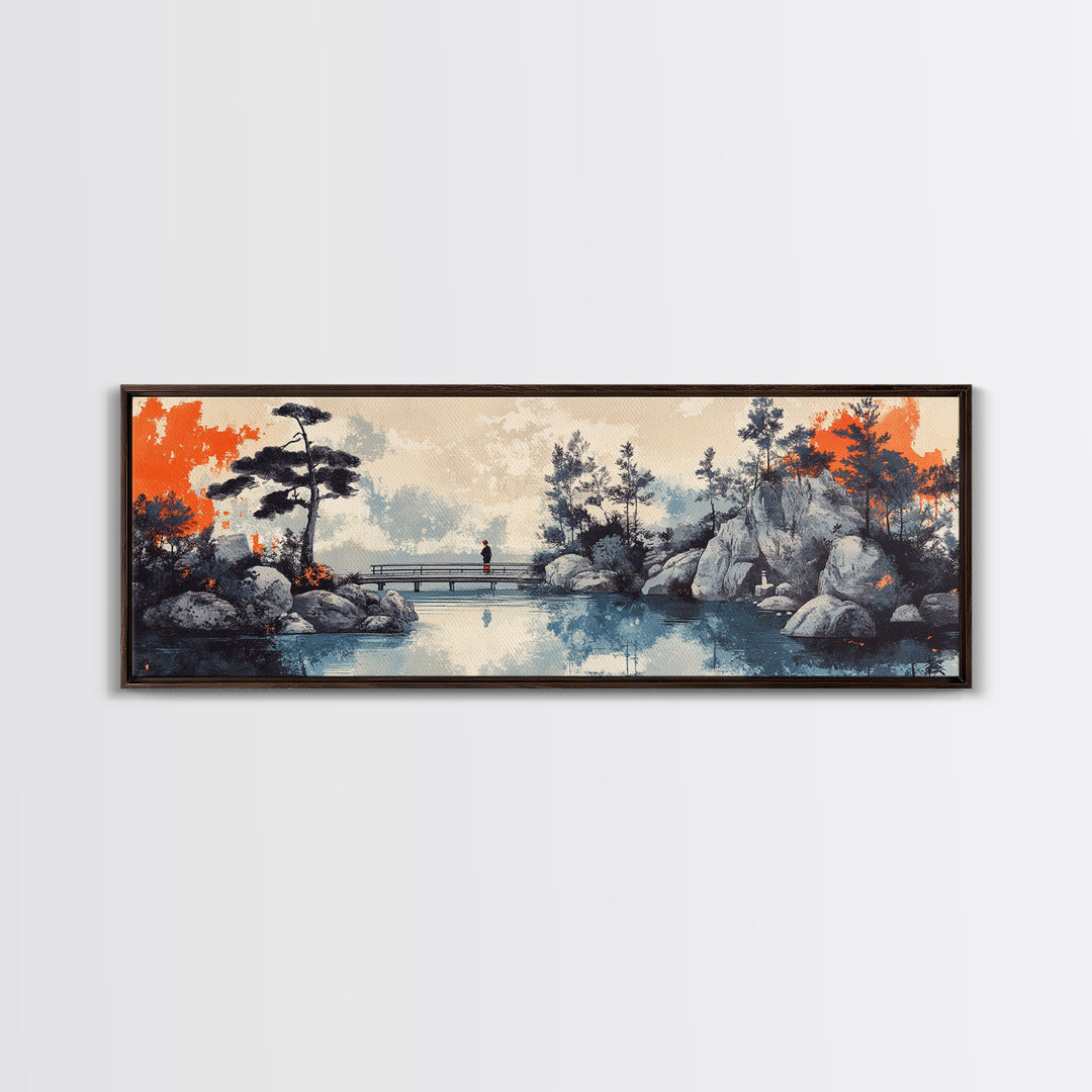 Serene Japanese Garden Bridge, Wall Art, Lake Landscape Canvas Print, Zen Home Decor, Calming Office And Living Room Art