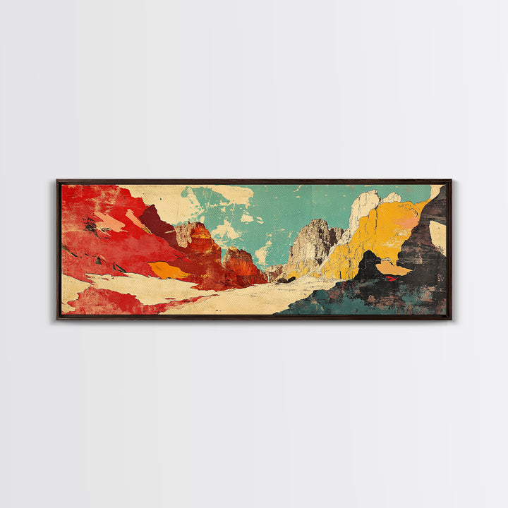 Red Teal Abstract Mountain Landscape Wall Art, Panoramic Canvas Print, Modern Southwestern Decor, Long Horizontal Wall Decor