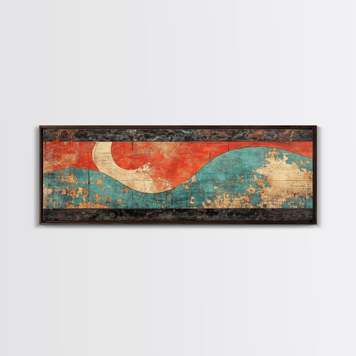Red Sun And Teal Wave Wall Art, Japanese Coastal Canvas Print, Minimalist Abstract Seascape, Long Horizontal Living Room Wall Decor