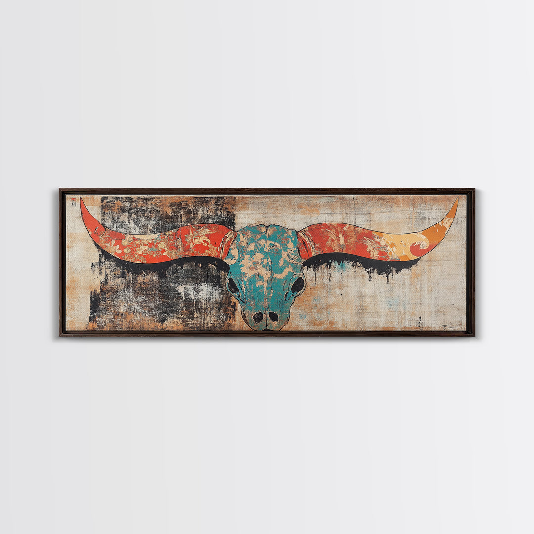 Turquoise Longhorn Skull Wall Art, Western Boho Canvas Print, Southwestern Rustic Decor, Long Horizontal Statement Artwork