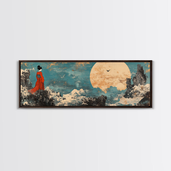 Red Kimono Woman Moon Wall Art, Japanese Landscape Canvas Print, Asian Inspired Decor, Dreamy Japandi Bedroom Art Gift For Her