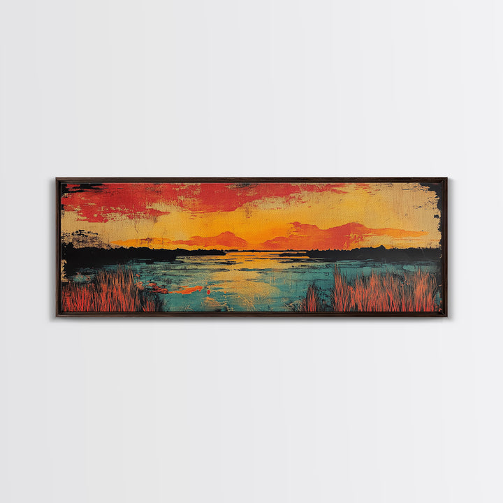 Vibrant Sunset Lake Landscape Wall Art, Marsh Water Canvas Print, Rustic Nature Decor, Large Horizontal Living Room Art Print