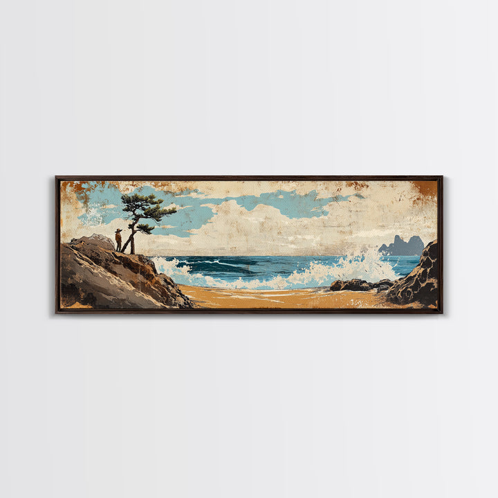 Coastal Lone Pine Beach Canvas Print, Ocean Wave Landscape Wall Art, Rustic Nautical Decor, Large Horizontal Art For Beach House Decor