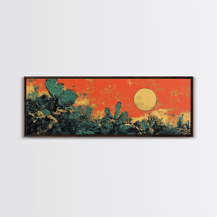 Desert Cactus Sunset Wall Art, Southwestern Landscape Canvas Print, Boho Western Decor, Warm Terracotta Home Decor Gift For Him