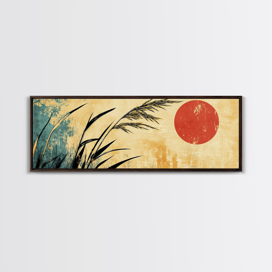 Minimal Reeds And Red Sun Canvas Print, Japanese Wall Art, Zen Home Decor, Japandi Coastal Poster For Calm Living Room Decor