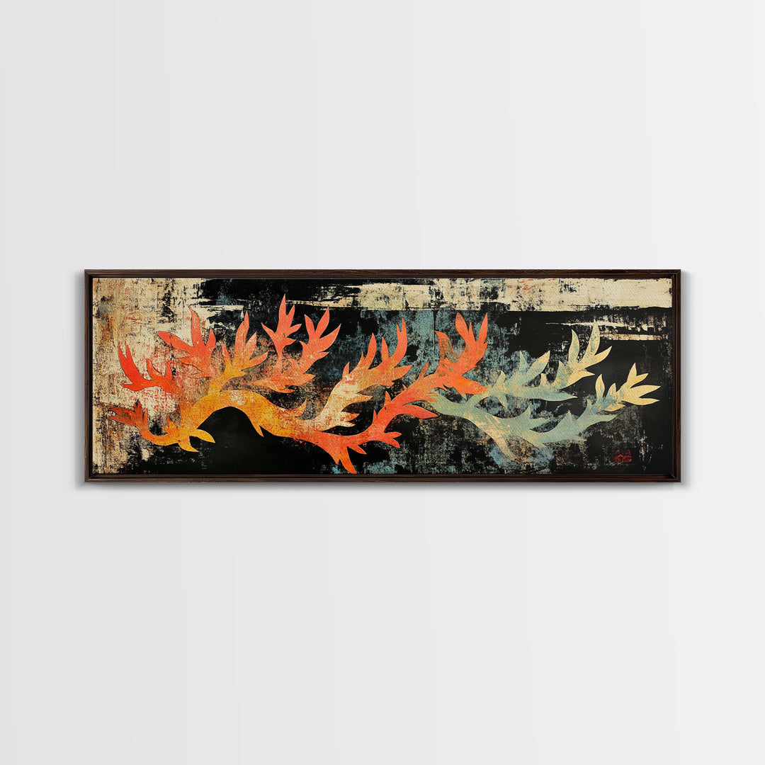 Fiery Coral Branch On Dark Canvas Print, Japanese Ocean Wall Art, Coastal Wall Decor, Nautical Sea Life Statement Art Print