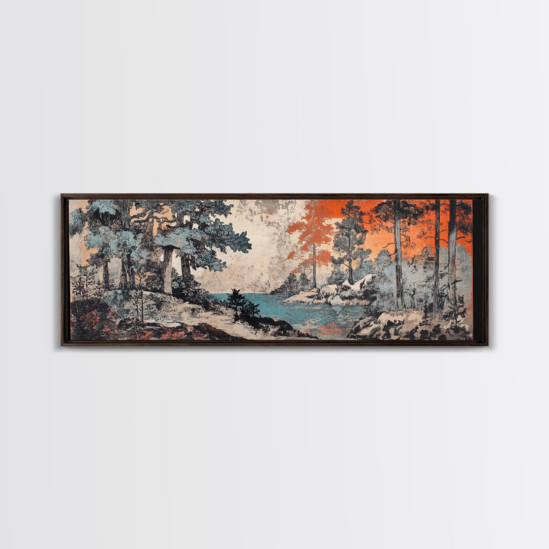 Snowy Pine Forest And Blue Lake Canvas Print, Japanese Landscape Wall Art, Nature Wall Decor, Japandi Winter Home Decor Gift