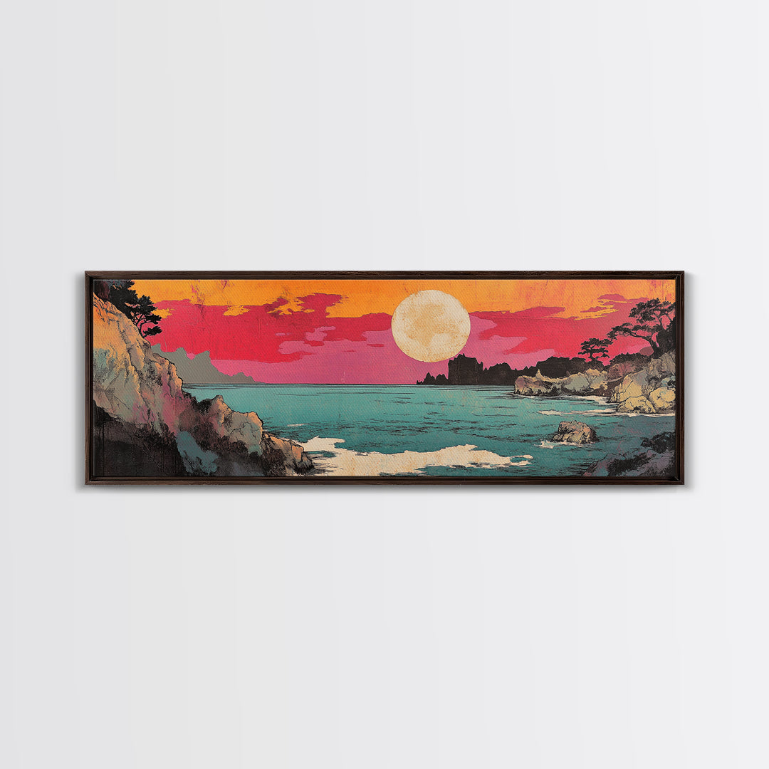 Pink Sunset Over Turquoise Cove Canvas Print, Japanese Coastal Wall Art, Ocean Seascape Decor, Beach House Wall Art Print