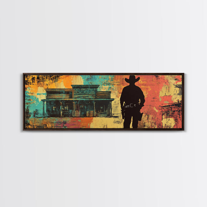 Cowboy Silhouette Beside Old Saloon Wall Art, Western Framed Canvas Print, Rustic Man Cave Decor, Southwest Statement Art