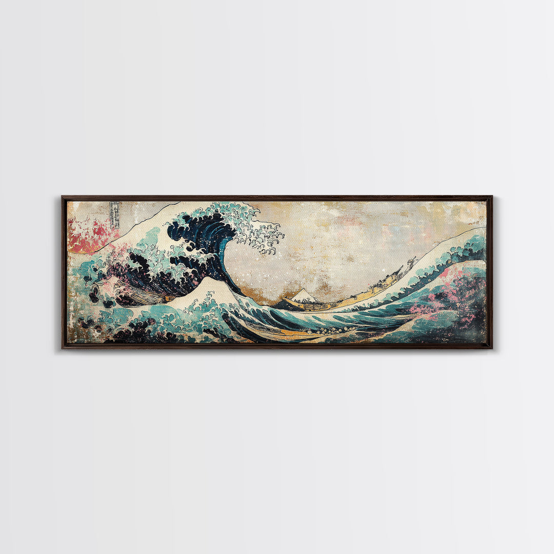 Japanese Great Wave With Soft Pastel Mountains Wall Art, Ukiyo E Framed Canvas Print, Coastal Japandi Decor, Ocean Art Print