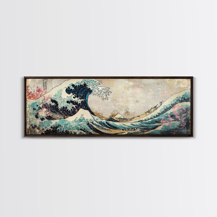 Japanese Great Wave With Soft Pastel Mountains Wall Art, Ukiyo E Framed Canvas Print, Coastal Japandi Decor, Ocean Art Print