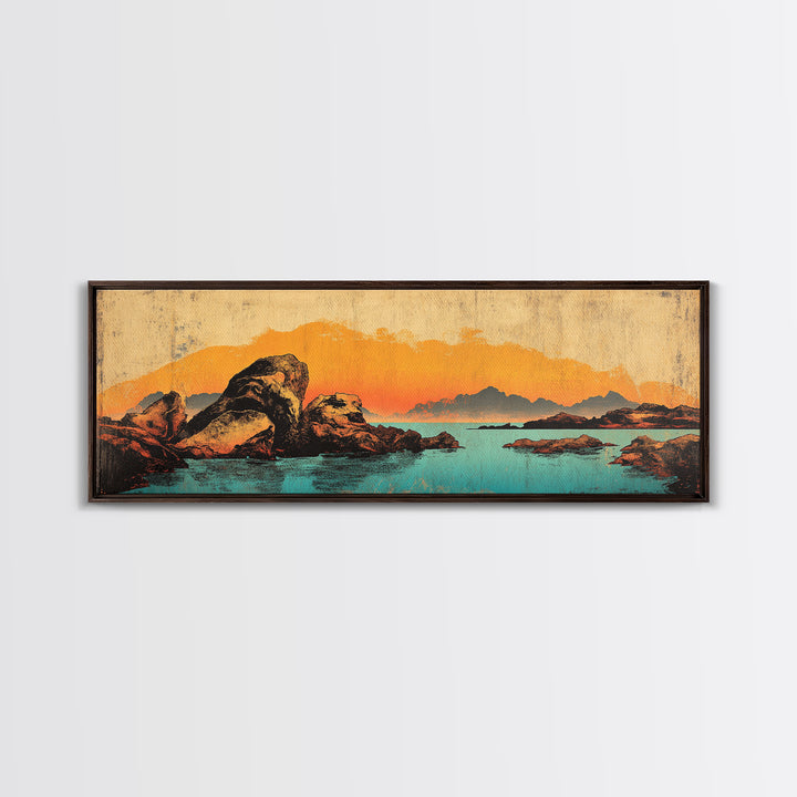 Orange Sunset Mountain Lake With Rocks Wall Art, Southwestern Canvas Print, Rustic Landscape Decor, Large Horizontal Art